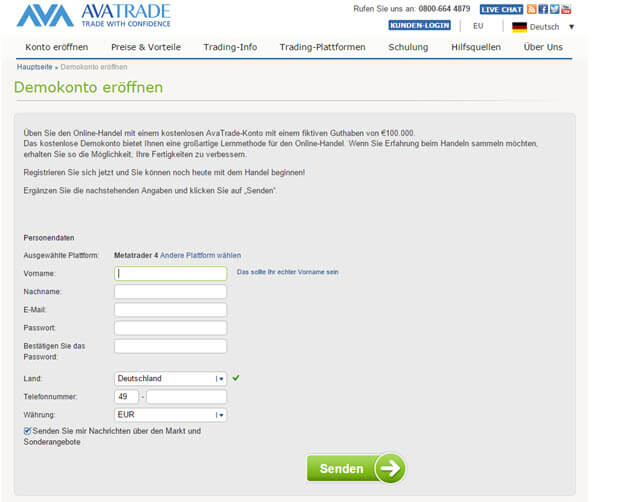 So einfach kann man ein Demokonto bei AvaTrade eröffnen