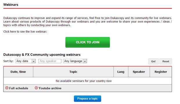 Dukascopy bietet unter anderem Webinare an