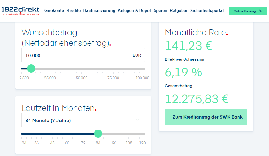1822direkt Ratenkredit Rechner