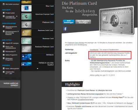 Die Jahreskartengebühr von 600 Euro bei der Platinum Card