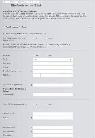 Das Antragsformular zum Audi Girokonto