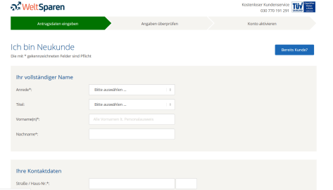 Das Eröffnungsformular für das Weltsparen-Konto