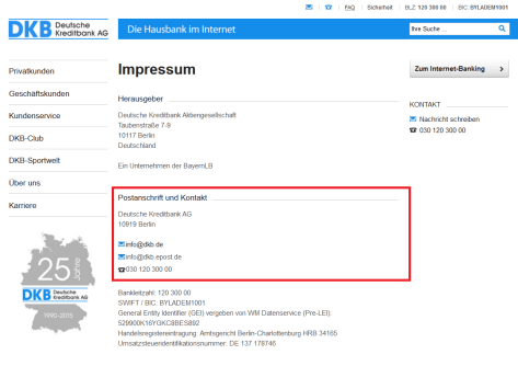 Postanschrift und Kontakt bei der DKB