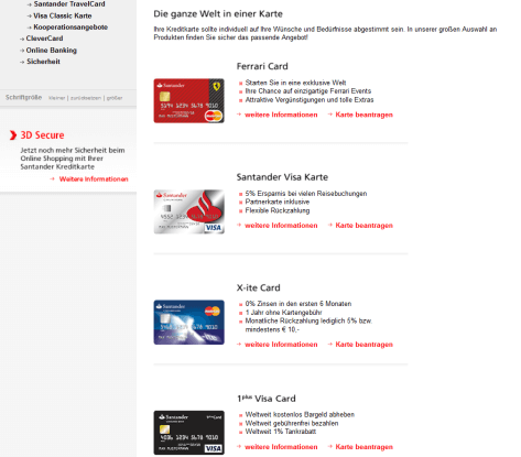 Bei der Santander Consumer Bank sind zahlreiche Kreditkarten verfügbar