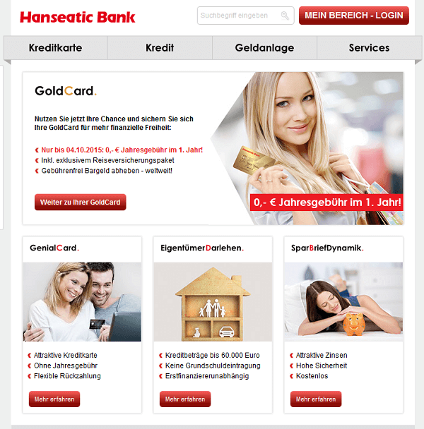 Webseite der Hanseatic Bank 