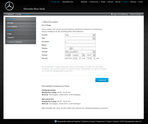 Das Callback-Formular bei der Mercedes-Benz Bank