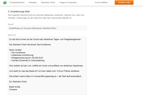 Die Empfehlungs-Mail für den Werbebonus von 10 Euro
