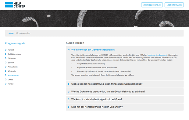 Die FAQ im Help Center von DeGiro
