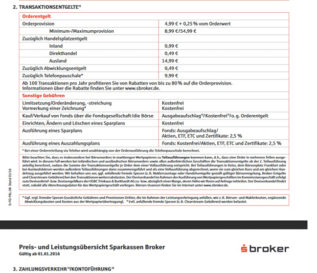 sBroker Preis- & Leistungsverzeichnis