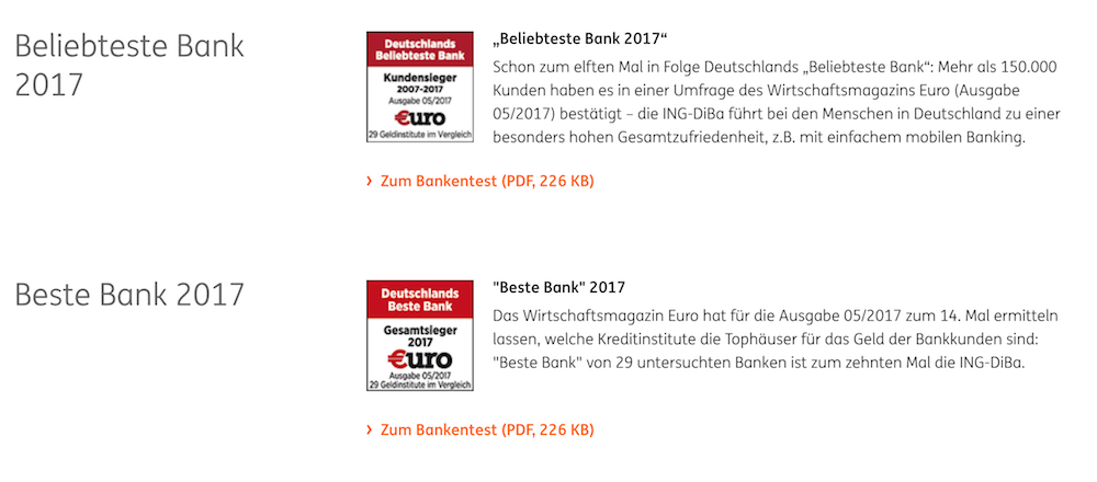ING-DiBa Auszeichnungen