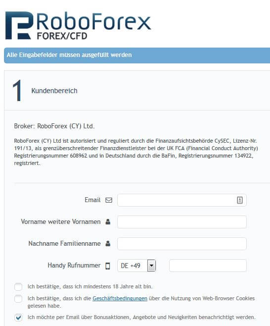 Über ein Formular kann das RoboForex Konto eröffnet werden