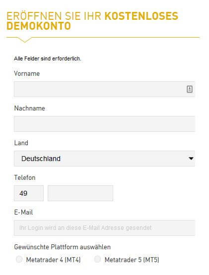 Die Anmeldung des Demokontos erfolgt über das Formular auf der Webseite des Brokers