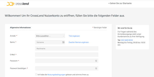 CrossLend Konto eröffnen