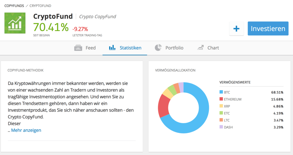 Der CryptoFund von eToro beinhaltet verschiedene Kryptowährungen und bietet ein breites Investment