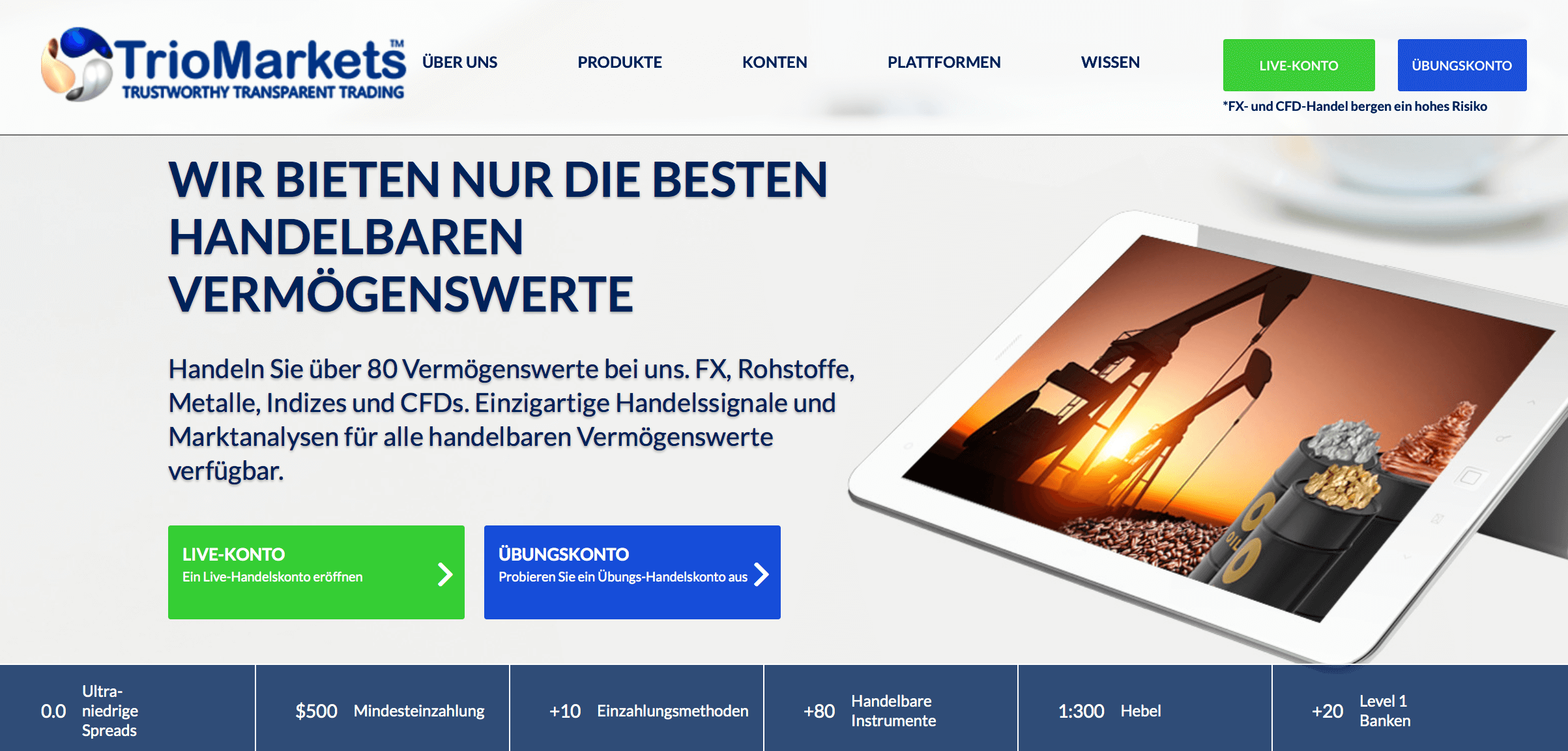 Die Website des Brokers TrioMarkets ist übersichtlich - und auch die Konditionen überzeugen
