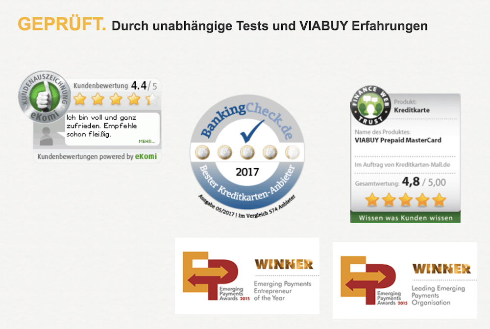 VIABUY Kreditkarte Auszeichnungen
