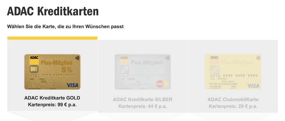 ADAC Kreditkarten Auswahl