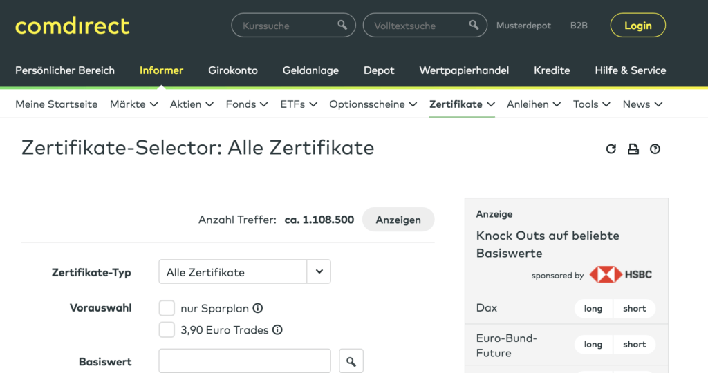 Ein Einblick in den comdirect Zertifikate-Selector