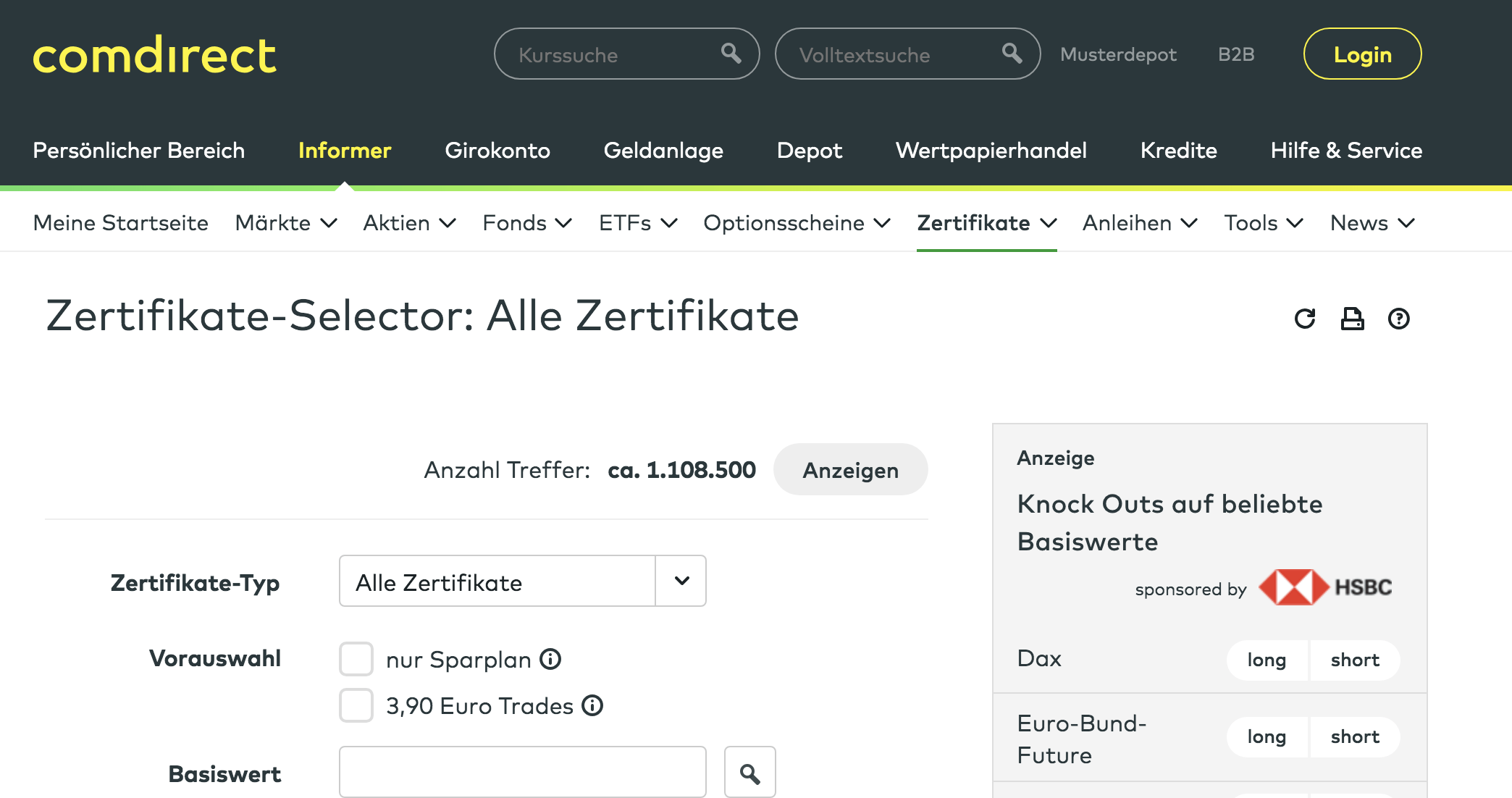 comdirect Zertifikate-Selector