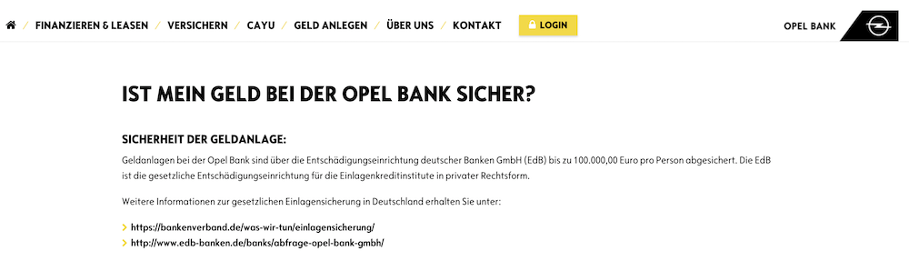 Opel Bank EInlagensicherung